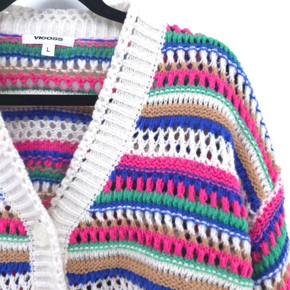 VIGOSS Womens Striped Candy Multicolor Crochet Button Down Sweater Cardigan L - Picture 4 of 12